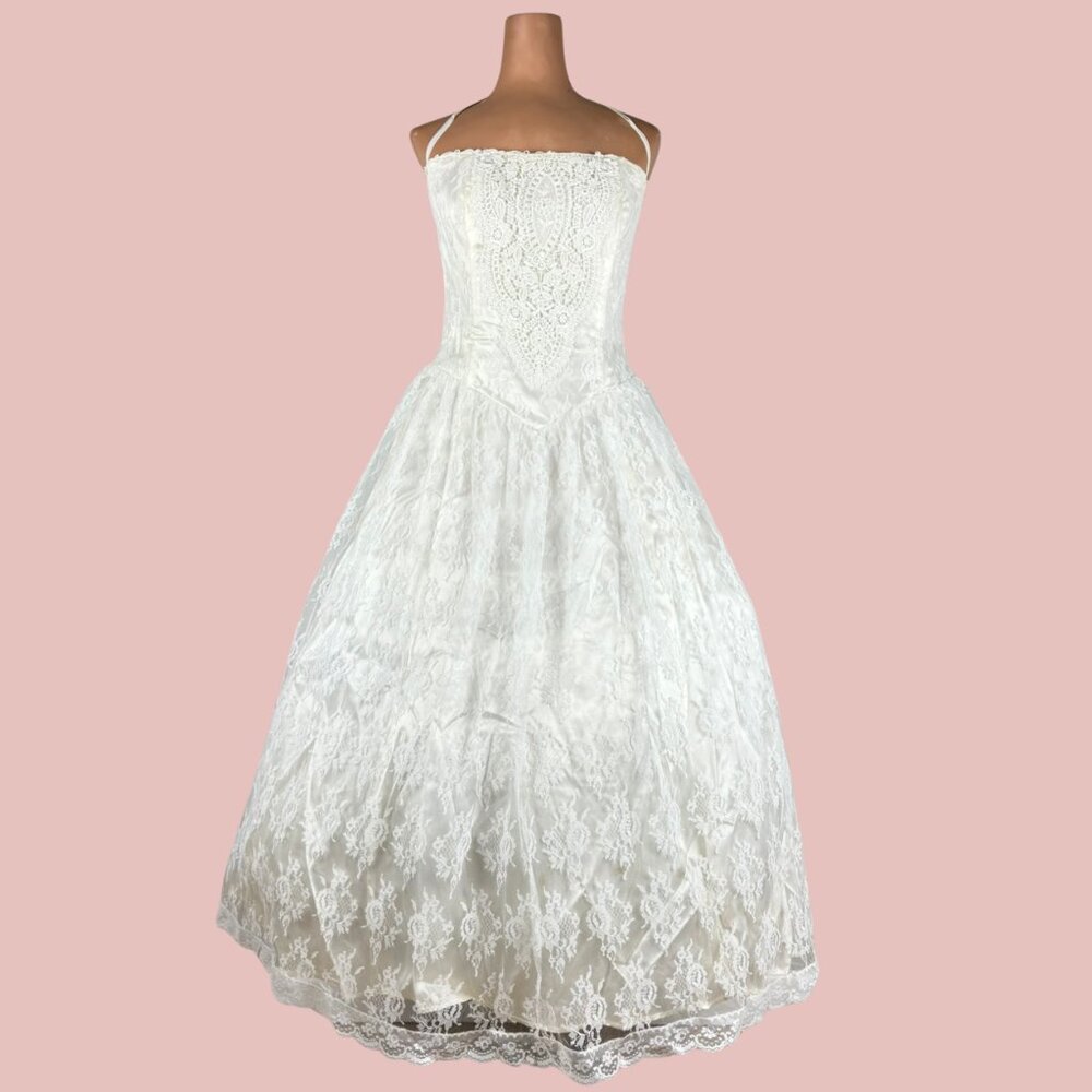 Vintage Scott McClintock 80s Strapless White Lace Wedding Dress Set 1950s style